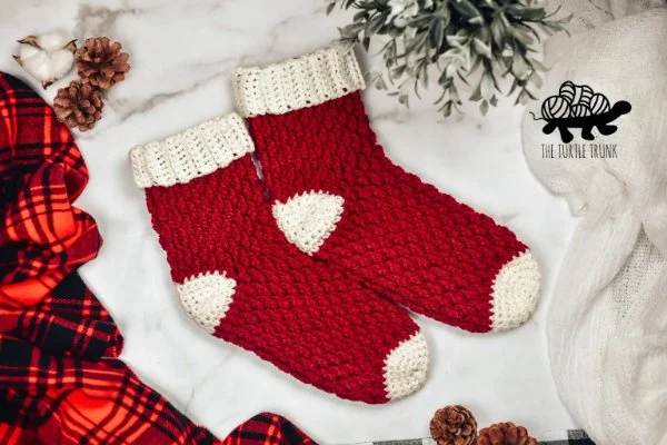 Red and white two-toned crochet socks.