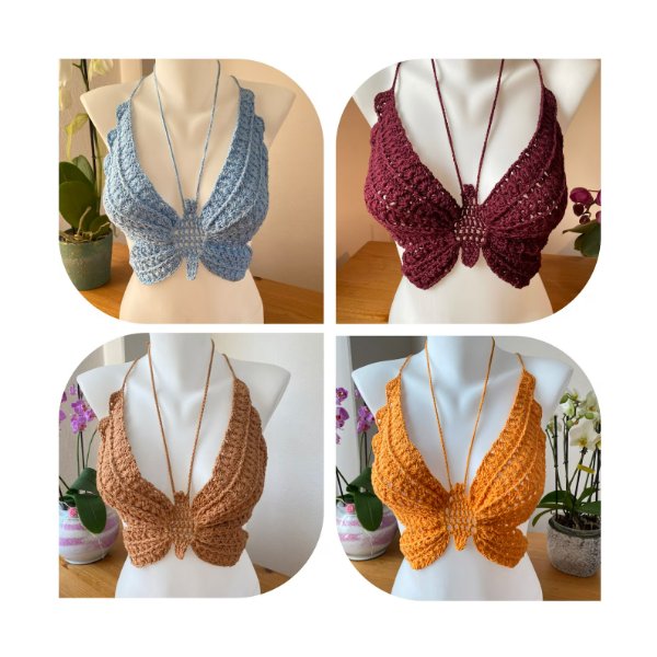 A collage of four different coloured crochet butterfly festival tops.