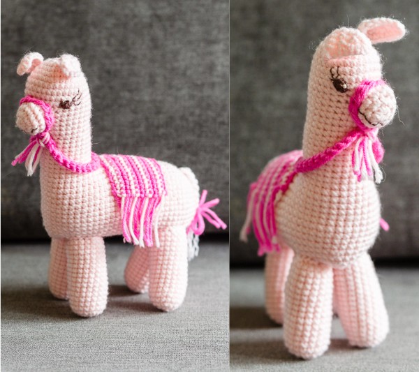 A front-view and a side-view of a pink crochet alpaca.