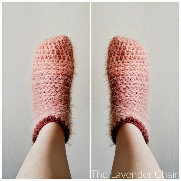 Fuzzy pink crochet socks.