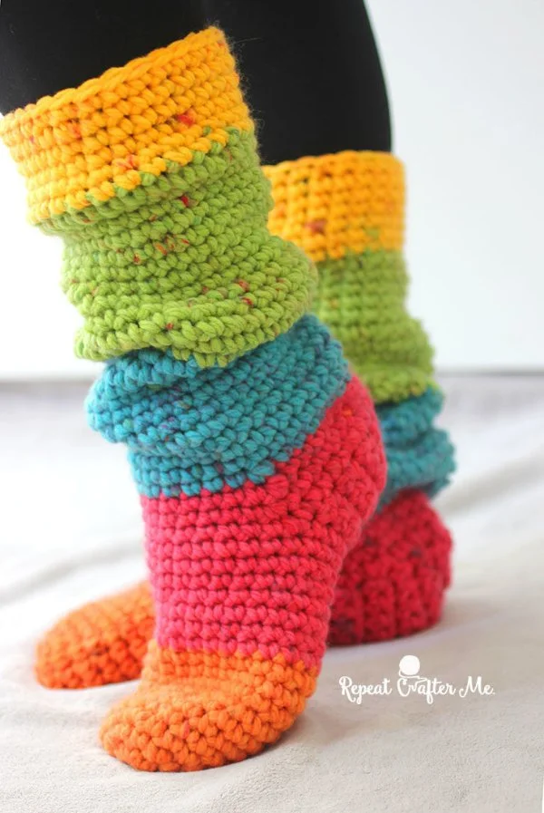 Brightly coloured striped chunky slipper socks.