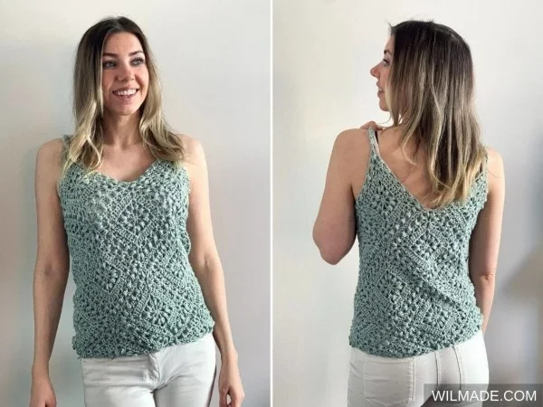A front and back view of a granny square crochet v-neck top.