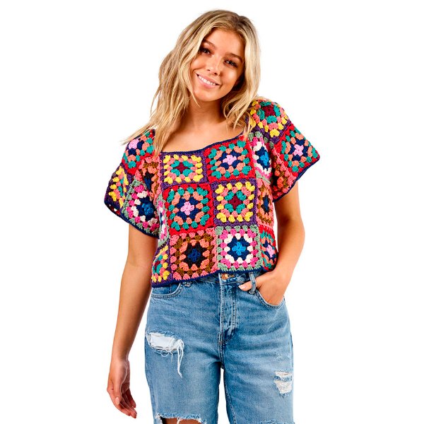 A colourful granny square top with short sleeves and an oversized fit.