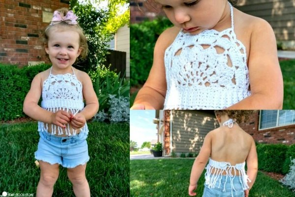 A collage image of a toddler weraing a fringed boho-style crochet top.