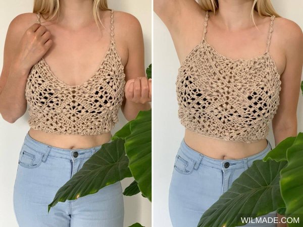 A cropped granny square top with two neckline options.