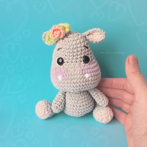 A beautiful example of a crochet hippo amigurumi.