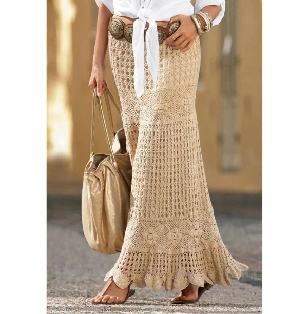 A long crochet skirt with a ruffled hem.