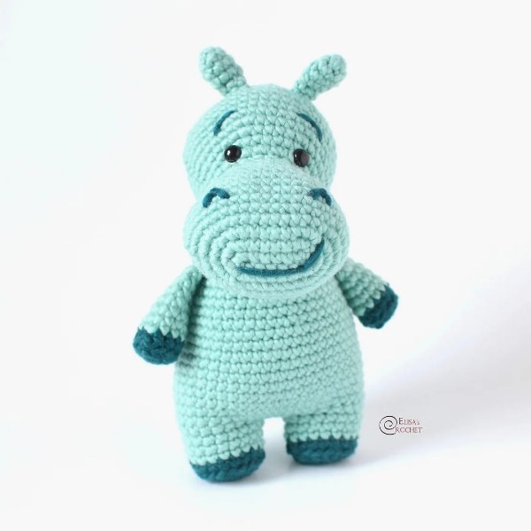 A blue crochet hippo.