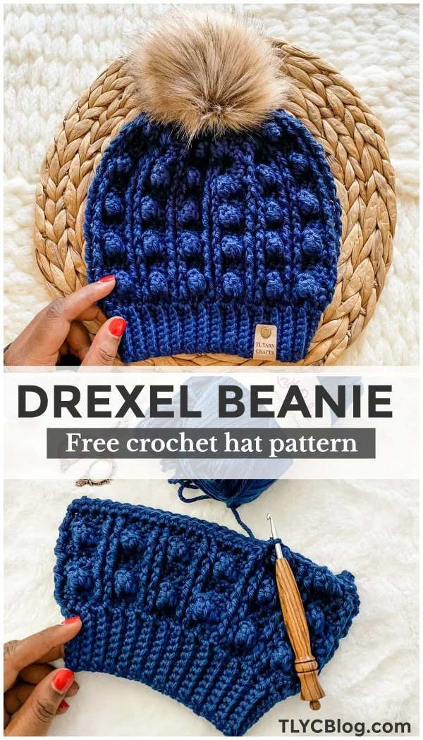 A royal blue beanie featuring cable crochet stitches.