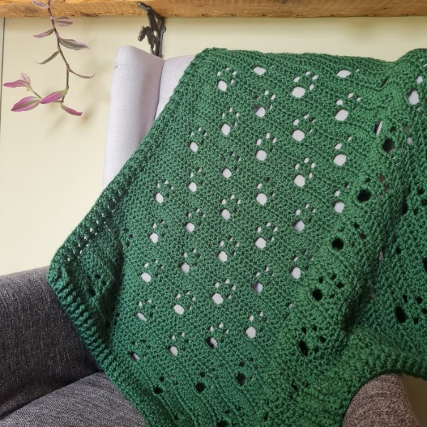 A green filet crochet blanket with paw print motifs.