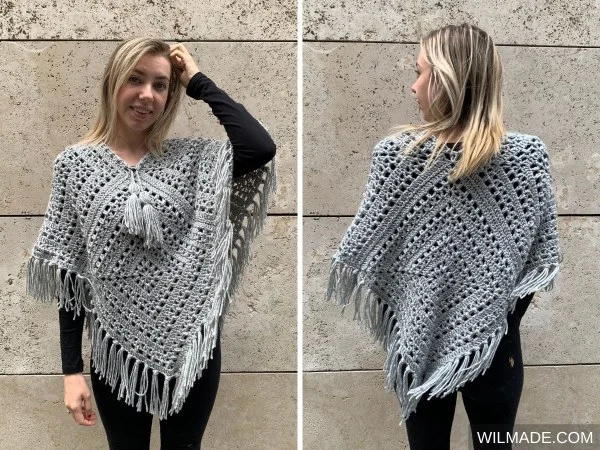 Front and back view of a woman wearing a grey granny square crochet poncho.