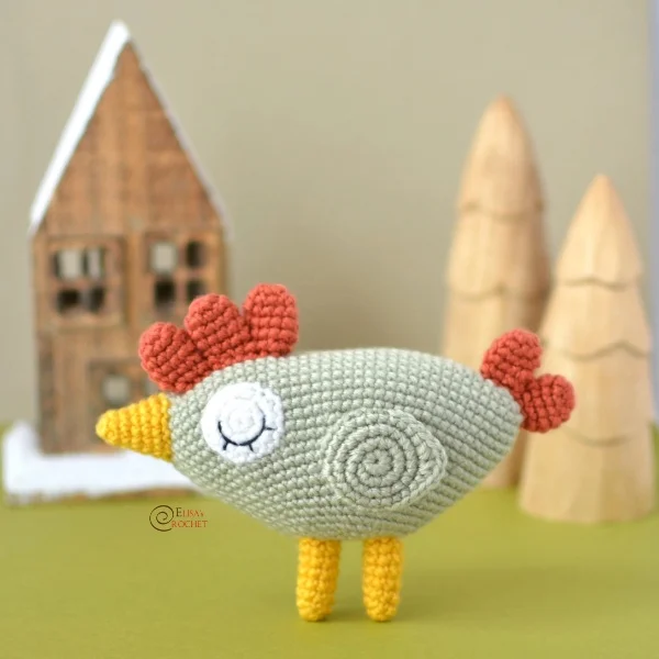 A blue crochet hen.