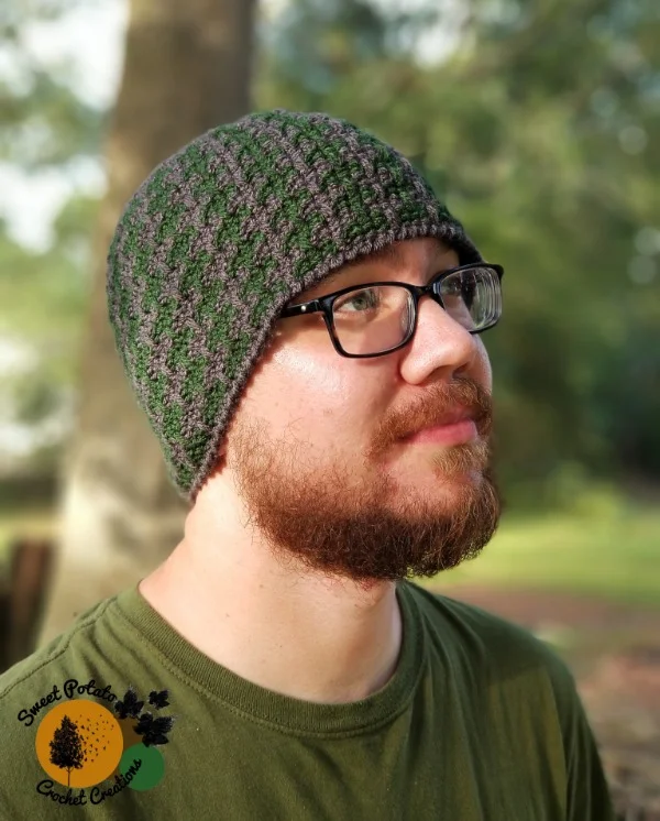 A herringbone stitch beanie with colourwork.