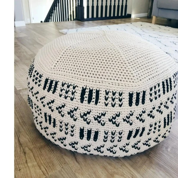 A mud-cloth style crochet floor pouf.