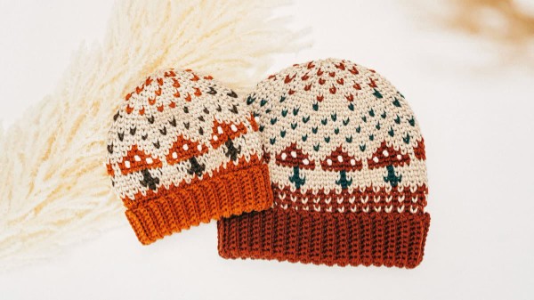 Mushroom-themed crochet hats.