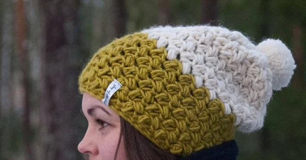 A colour-blocked slouch beanie crocheted in a textured stitch.