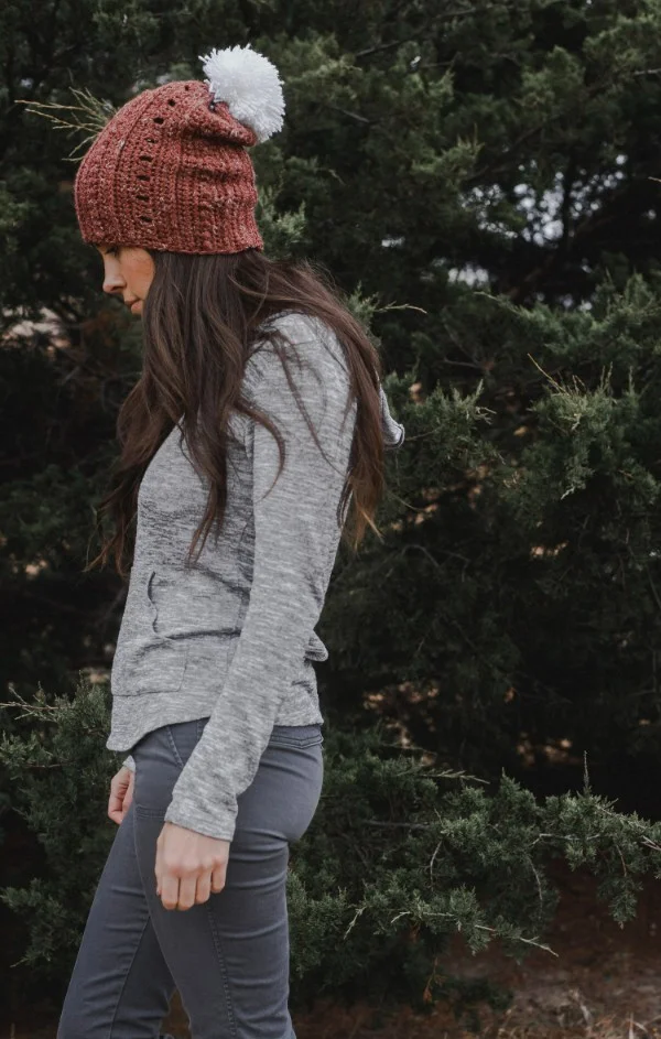 A simple slouchy crochet beanie worked flat.