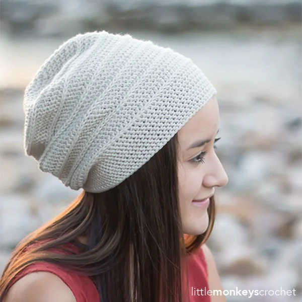 An oversized slouchy crochet beanie with ridged stitch lines.