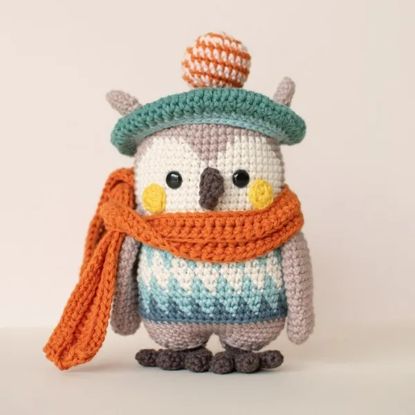 A beautifully made crochet owl wearing a scarf and beret.