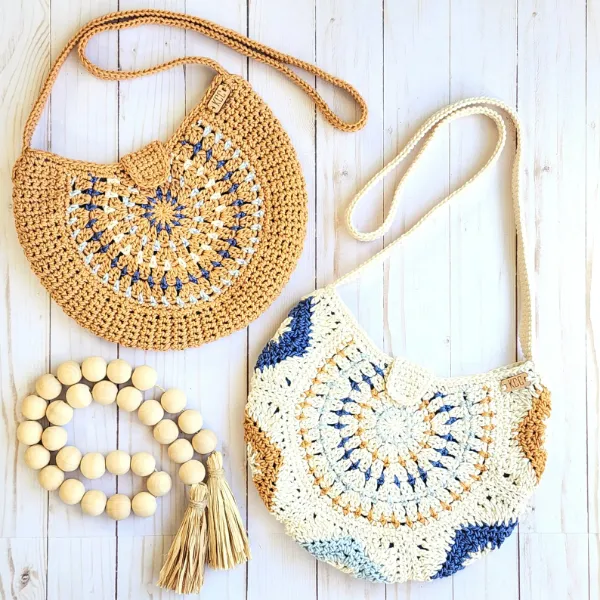Crochet circle bags featurig colourwork and granny squares.
