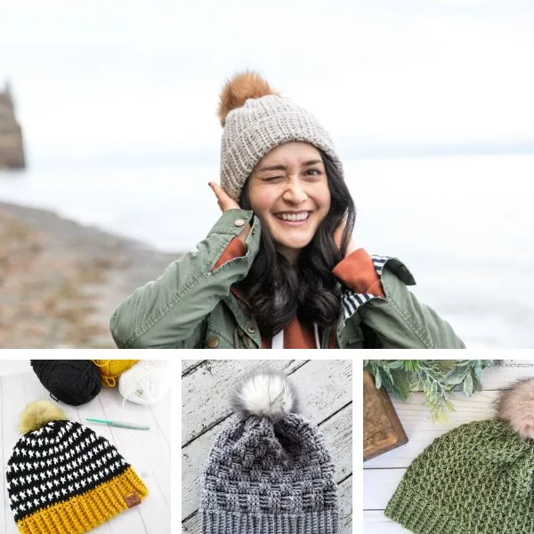A collection of crochet beanies.