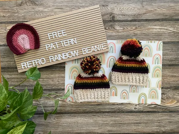 Striped kids' crochet beanies in retro colours.