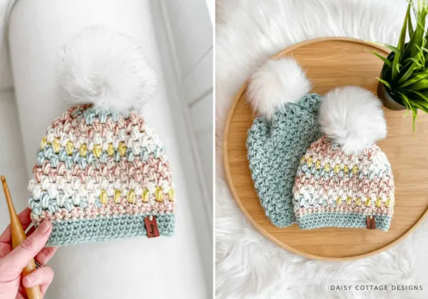 Pastel coloured beanies with mini bean stitch.