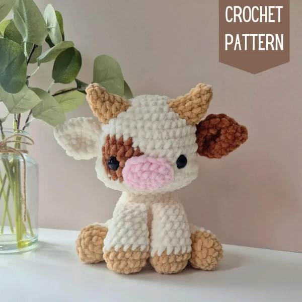 Mini sitting cow amigurumi toy.