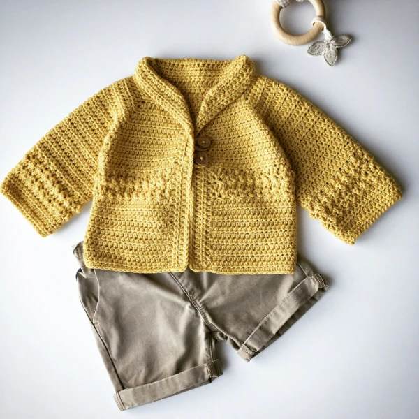 Yellow crocheted newborn jacket with a collar.