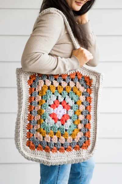 Colourful bag made with giant granny squares.