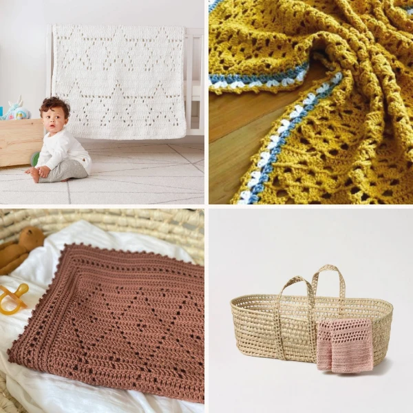 A collection of filet crochet baby blankets.