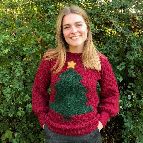 A Christmas tree themed crochet sweater worked in C2C.
