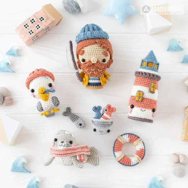 A sea-themed crochet playset.