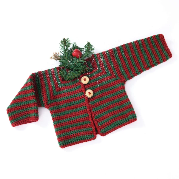A red and green striped baby cardigan.