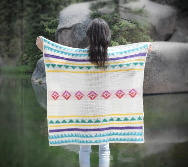 A soft coloured tapestry crochet blanket.