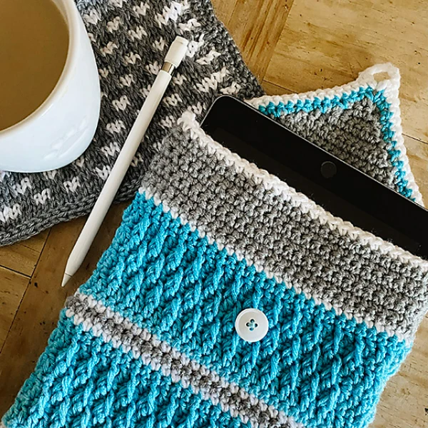 Blue and grey textured crochet iPad sleeve