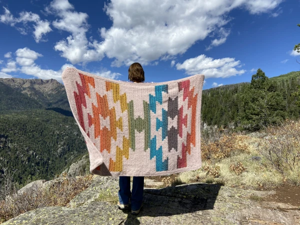 An eagle motif tapestry crochet blanket made in rainbow-coloured self-striping yarn.