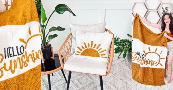 A sunshine-themed tapestry crochet blanket and pillow in one.