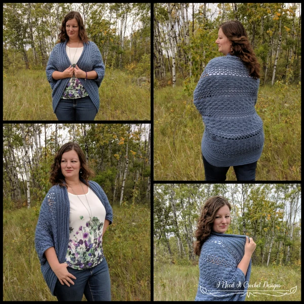 A woman wearing a blue crochet shrug.