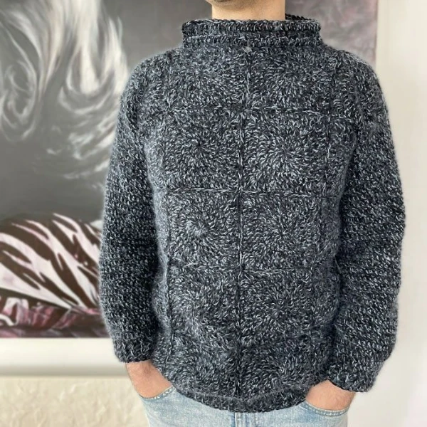 Men's dark grey crochet granny square sweater.