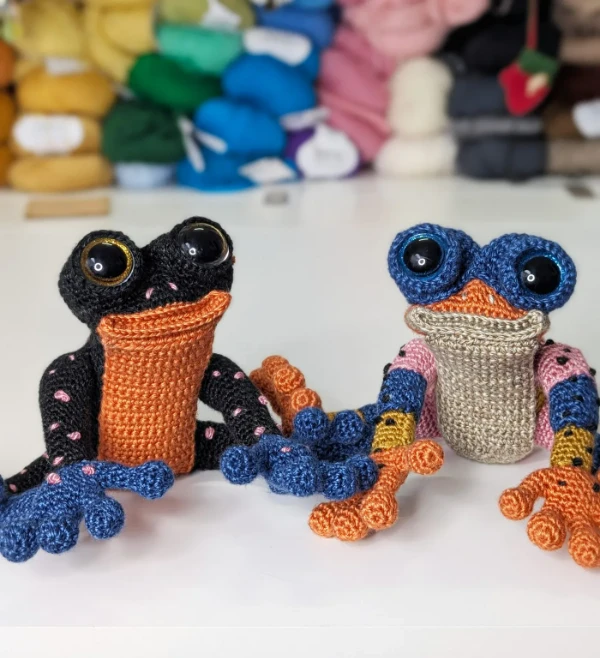 Spotted frog amigurumis made in bright colours.