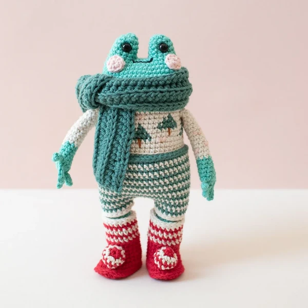 A crochet frog toy with removable clothes.