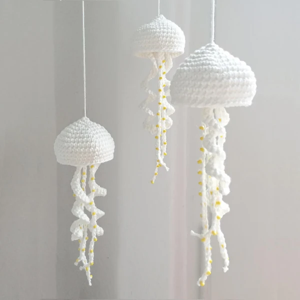 A crochet jellyfish mobile.