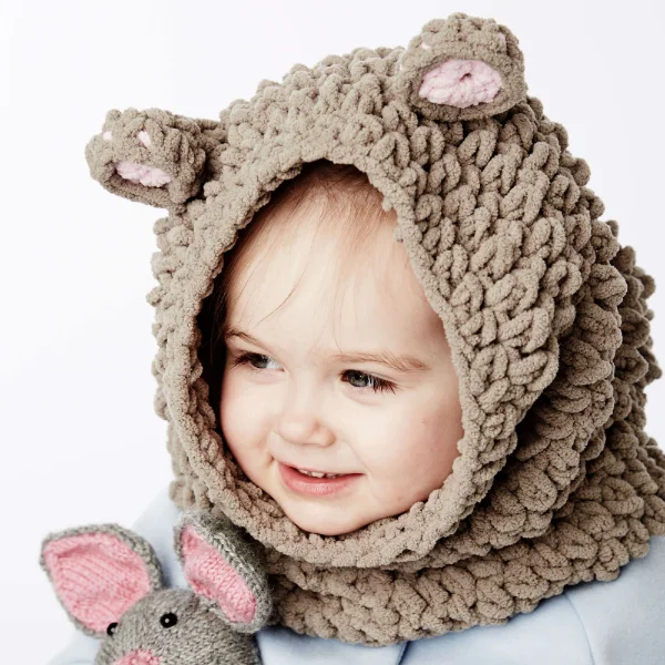 A child's crochet snood with ears.
