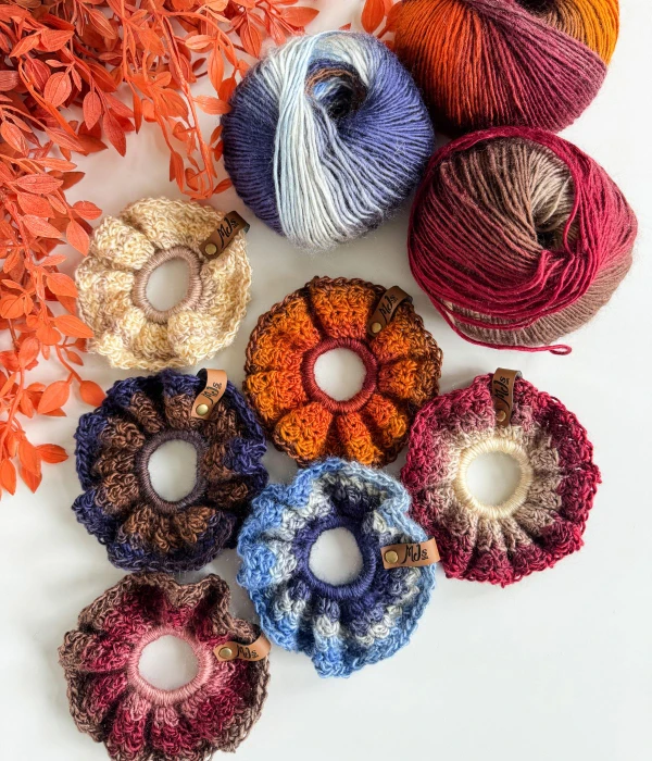 Crochet hair ties made with variegated yarn.