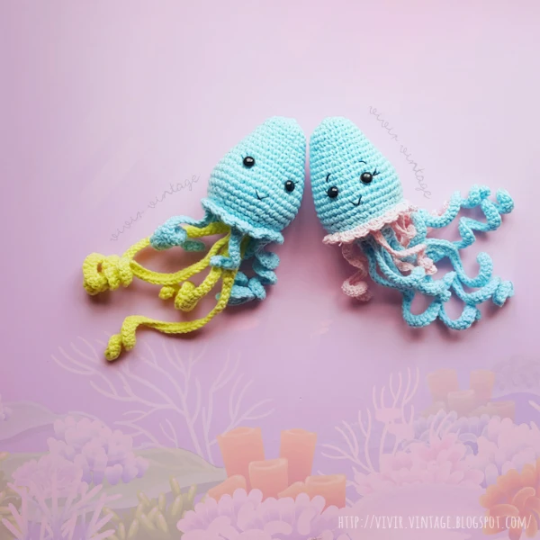 Multicoloured crochet jellyfish.