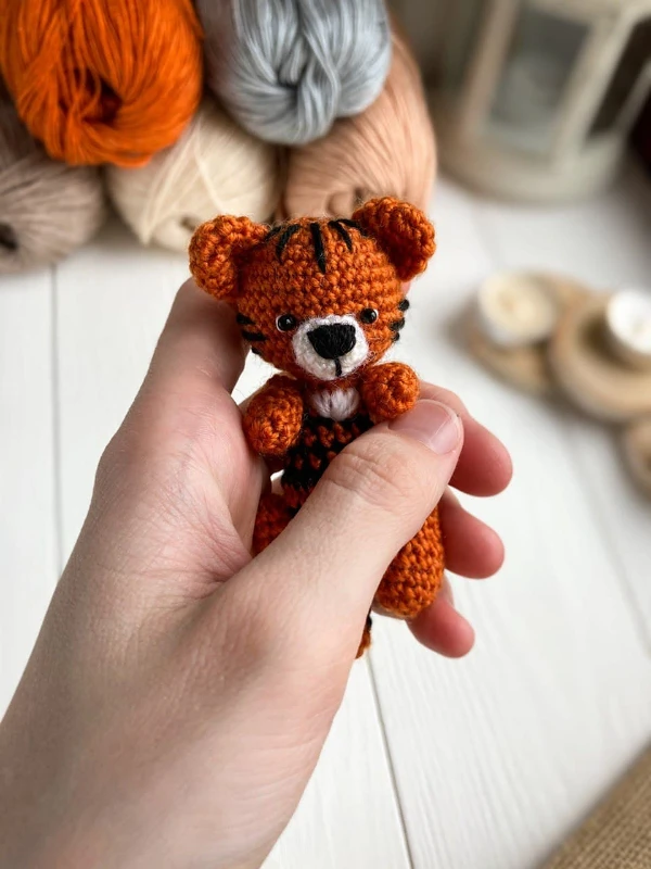 A close-up image of a mini tiger amigurumi held in a hand.