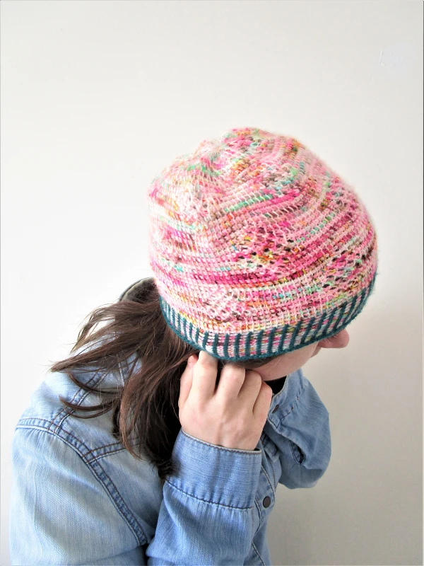 A diamond-detailed Tunisian crochet hat with a contasting brim.