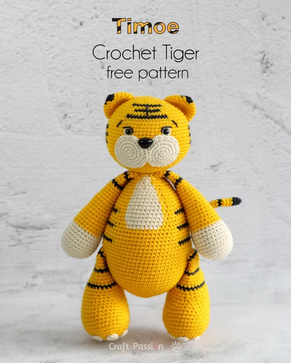 A standing crochet tiger toy.