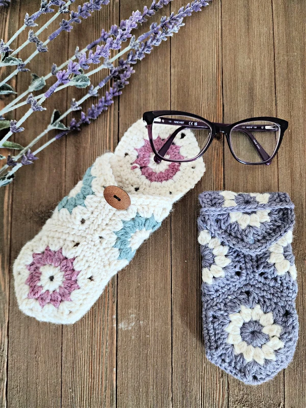 Crochet glasses cases made with haxagons.